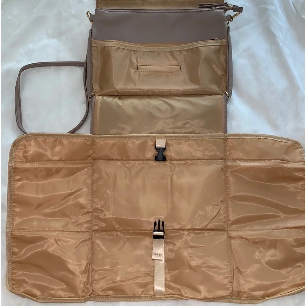 Crossbody purse with both baby changing pad & place for baby wipes, in Taupe/tan